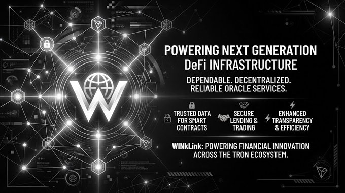 A promotional graphic for WinLink titled "POWERING NEXT GENERATION DeFi INFRASTRUCTURE," highlighting trusted data, secure lending, and enhanced transparency features on the TRON ecosystem.