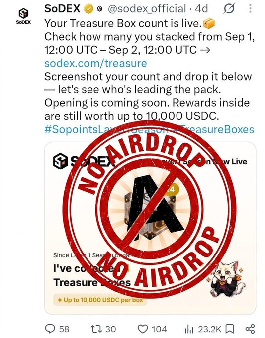 A screenshot of an X (formerly Twitter) post from SoDEX (@sodex_official) about a Treasure Box count, heavily overlaid with a large red stamp that reads 'NO AIRDROP'.