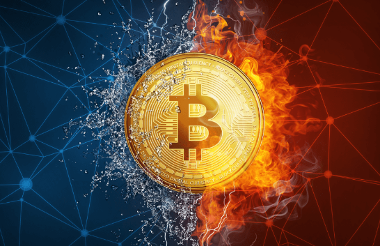 A Bitcoin coin surrounded by water and fire elements against a network background, symbolizing cryptocurrency dynamics.