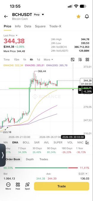 Binance trading chart for BCHUSDT (Bitcoin Cash) perpetual showing a last price of $344.38, with EMA indicators and order book details.