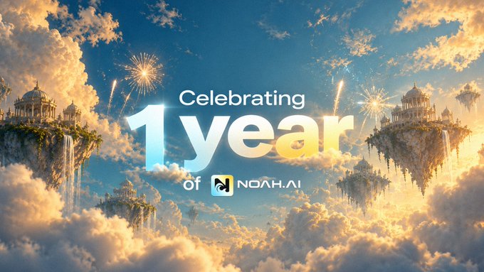 A celebratory anniversary graphic featuring the text "Celebrating 1 year of NOAH.AI" set against a fantastical sky scene with floating islands, ornate temples, and fireworks, marking Noah AI's first birthday milestone.