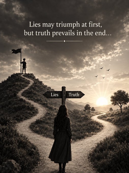 A sepia-toned inspirational graphic showing a woman standing before a signpost with arrows pointing to 'Lies' and 'Truth,' captioned 'Lies may triumph at first, but truth prevails in the end...'.