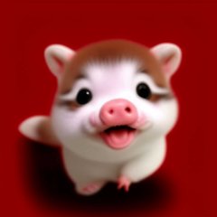 A small pig wearing a white outfit posing playfully against a solid red background.