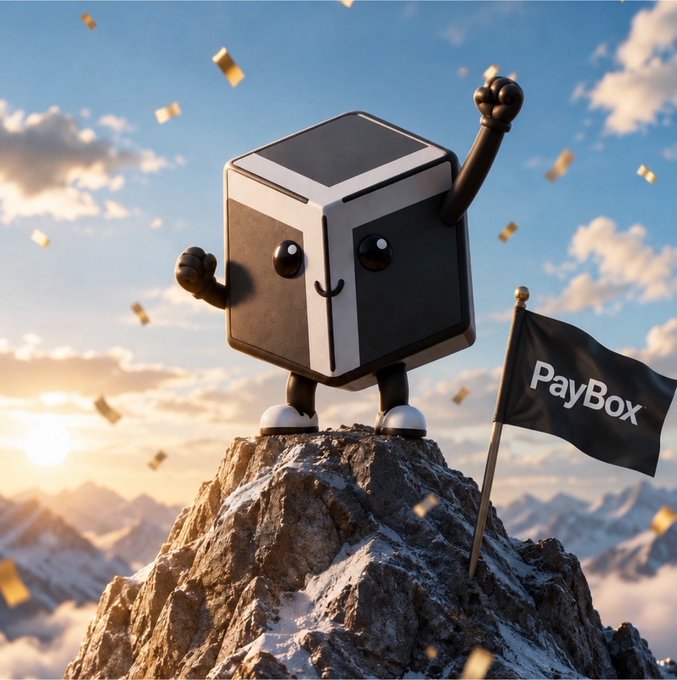 A 3D rendered image of a black and white cube character with arms and legs standing triumphantly on a snowy mountain peak next to a black flag with 'PayBox' written on it, with confetti falling from the sky.