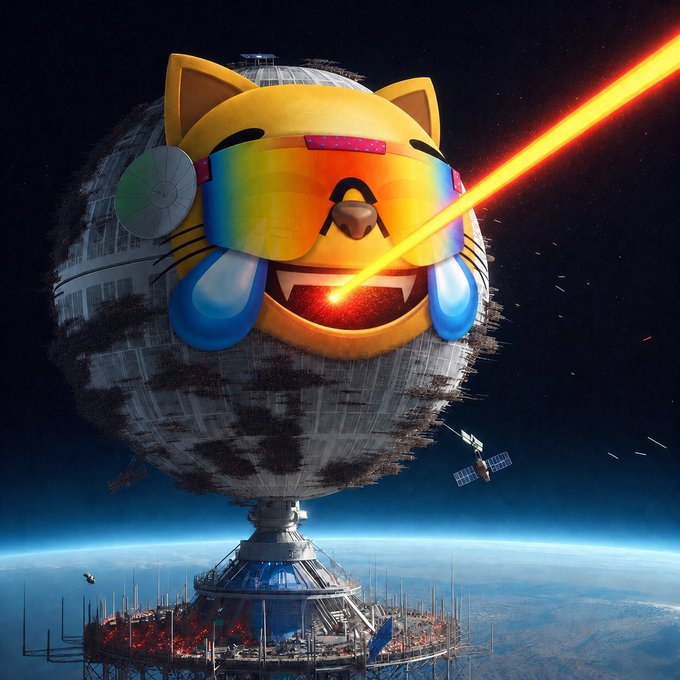 A giant yellow cat-shaped Death Star fires an orange laser beam in space, humorously reimagining the iconic space station as the MOG coin mascot, tying into the post's playful call to return to the "original cat MOG coin."