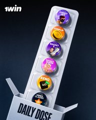 A Nespresso-style coffee pod dispenser labeled 'DAILY DOSE' containing colorful coffee capsules with various flavor labels, branded with '1win' at the top.