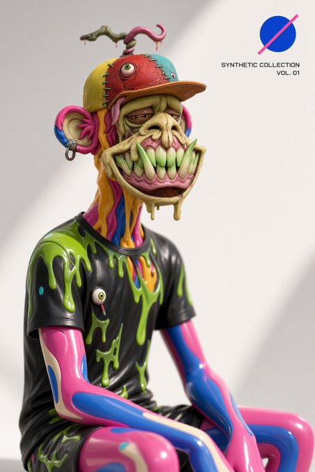 A 3D-rendered grotesque monster figure with sharp teeth, colorful dripping skin, and a patched baseball cap, wearing a black t-shirt with slime patterns. Text in the upper right reads "SYNTHETIC COLLECTION VOL. 01" next to a blue circle logo.