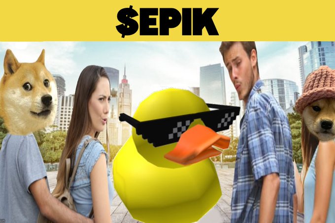 A meme image shows a yellow rubber duck wearing "deal with it" sunglasses in the center, flanked by a Doge-headed body on the left and a Doge-headed figure in a bucket hat on the right, with the text "$EPIK" at the top.