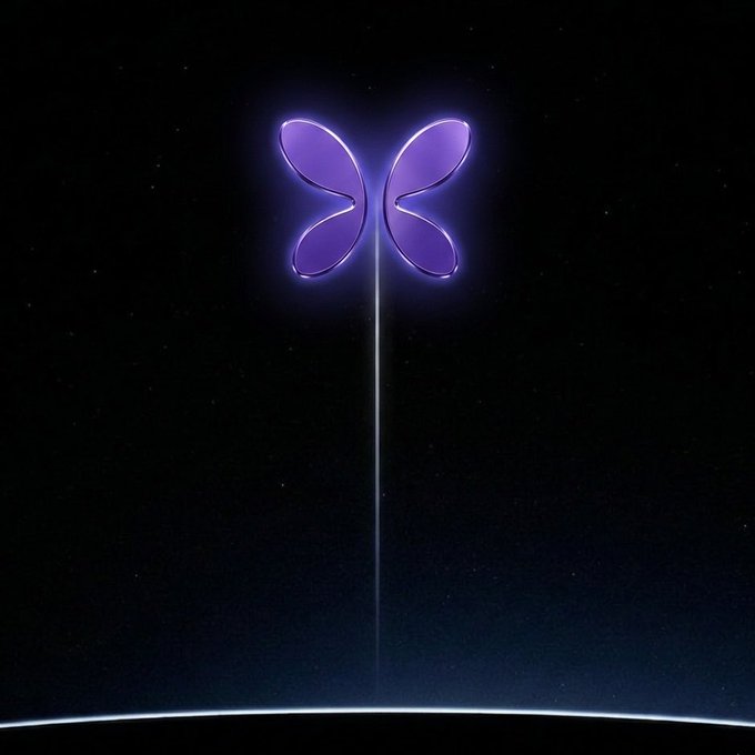 A glowing purple butterfly-shaped icon hovers above a curved planetary horizon against a dark starry sky, visually representing the "GM, Flap Community" post as a luminous, otherworldly emblem.