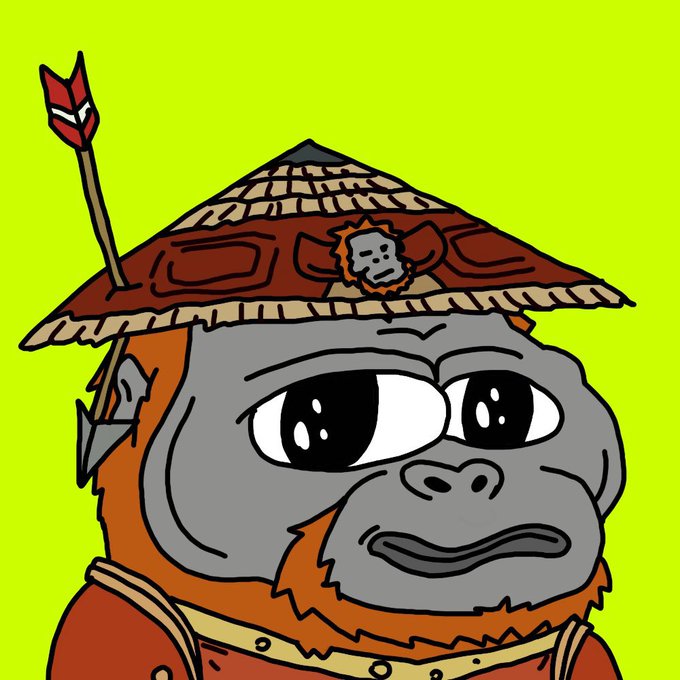 A cartoon illustration of an orange orangutan wearing a conical straw hat with an arrow sticking through it and a small monkey face emblem, set against a bright yellow-green background.