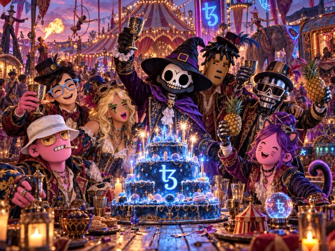 A vibrant fantasy carnival scene featuring various costumed avatars and characters celebrating around a glowing tez (XTZ) cryptocurrency-themed cake, with the Tezos logo visible.