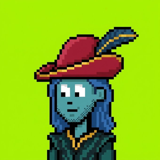 A pixel art character with teal skin, blue hair, and a red wide-brimmed hat with gold trim, shown against a green background.
