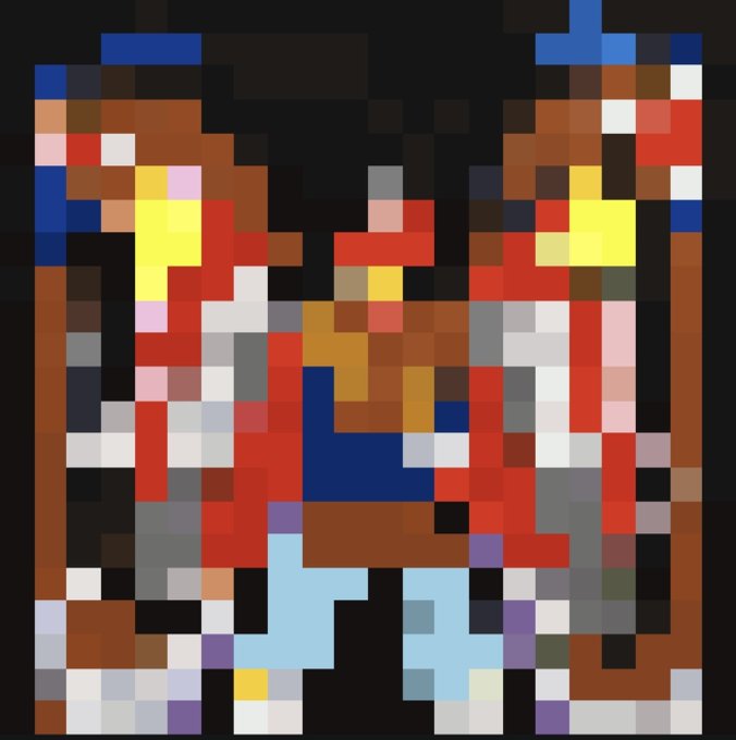 The image features an abstract painting with a black background, featuring a person wearing a red shirt and blue jeans. The painting has been edited using a pixelated style, giving it a unique and artistic appearance. The caption of the image reads "my motto is to support people who really do things for the ordinals community so for that reason, i had to mint a photosynthesis from our friend @pffffffffle I received the first one as a gift from @ElienMosk and i’m so grateful to you for it".