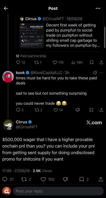 A Twitter/X thread shows user @KookCapitalLLC criticizing @CirrusNFT for a paid partnership post, prompting Cirrus to respond with a '$500,000 wager' challenge regarding on-chain PNL.