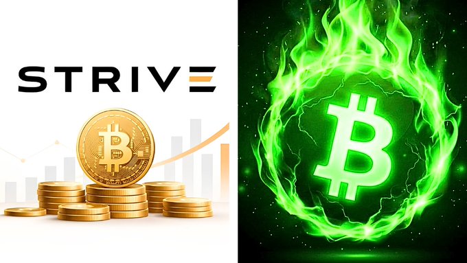 A split image showing the Strive logo with gold Bitcoin coins on the left, and a fiery green Bitcoin symbol on a black background on the right.