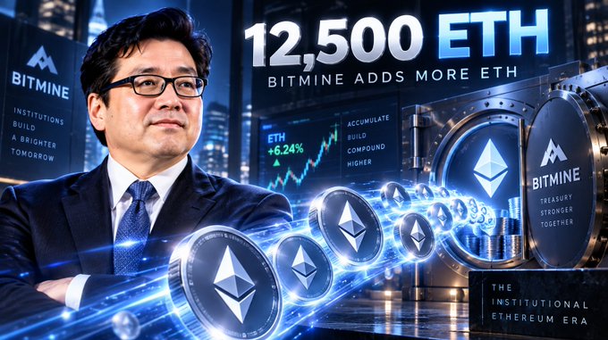 A promotional banner stating '12,500 ETH BITMINE ADDS MORE ETH' featuring a man in a suit with crossed arms, alongside glowing Ethereum coins and the Bitmine logo with the tagline 'INSTITUTIONS BUILD A BRIGHTER TOMORROW'.