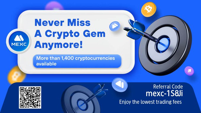 A promotional banner for MEXC cryptocurrency exchange featuring the text 'Never Miss A Crypto Gem Anymore! More than 1,400 cryptocurrencies available' with a referral code 'mexc-1S8Ji' and a QR code.