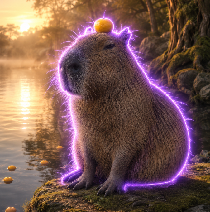 A capybara with a glowing purple aura sits on a mossy rock by a misty lake at sunset, with a small orange fruit balanced on its head.