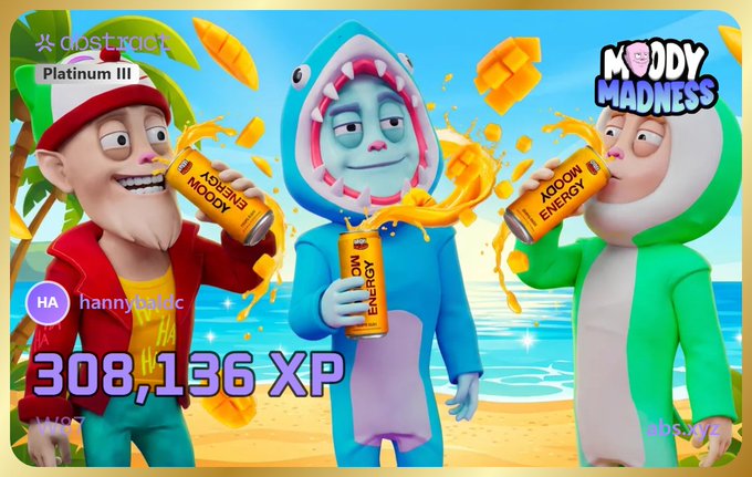 A promotional graphic for 'Moody Madness' by 'abstract' showing 'Platinum III' rank and '308,136 XP', featuring three cartoon characters in costumes drinking from energy cans labeled 'MOODY ENERGY'.