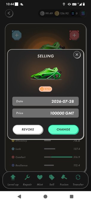 A mobile app screen showing a SELLING listing for a green sneaker item priced at 100000 GMT, dated 2026-07-28, with stats including Efficiency 78.8, Luck 127.4, Comfort 316.9, and Resilience 112.4.