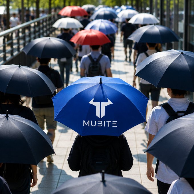 Crowd scene from behind showing people walking with umbrellas, including a prominent blue umbrella in the foreground displaying the 'MUBITE' logo and text.