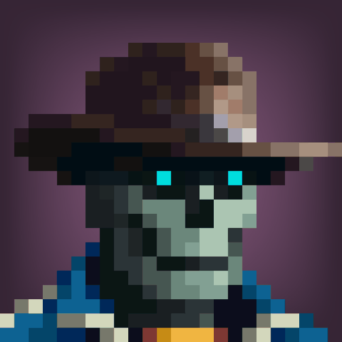 A pixel art portrait of a zombie-like character with a brown hat and glowing cyan eyes against a purple background.