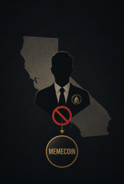 A dark graphic shows the silhouette of a suited official over the outline of California, with a prohibition symbol blocking a downward arrow pointing to a golden coin labeled "MEMECOIN," visually representing the state's ban on public officials issuing meme coins.