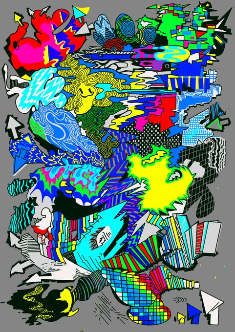 A vibrant, chaotic digital collage featuring colorful abstract shapes, arrows, and graffiti-style illustrations densely packed onto a gray background.