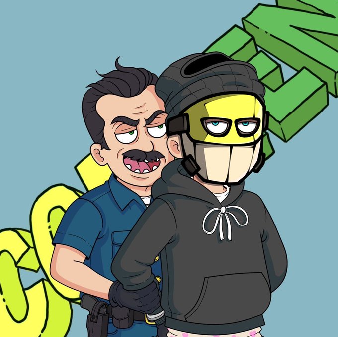 An angry cartoon man in a blue uniform shouts behind a person in a black hoodie and yellow mask, with large green 'GREYWOOD' letters and yellow text visible in the background.