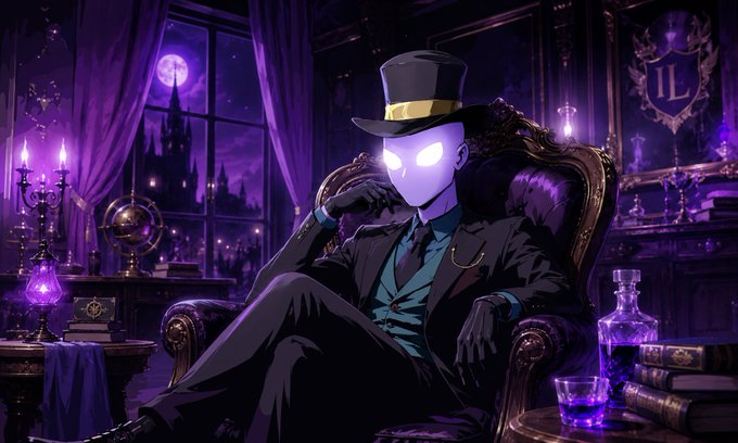 An anime-style illustration of a figure in a black suit and top hat with glowing white eyes sitting in an ornate purple-lit room with a monogrammed crest.