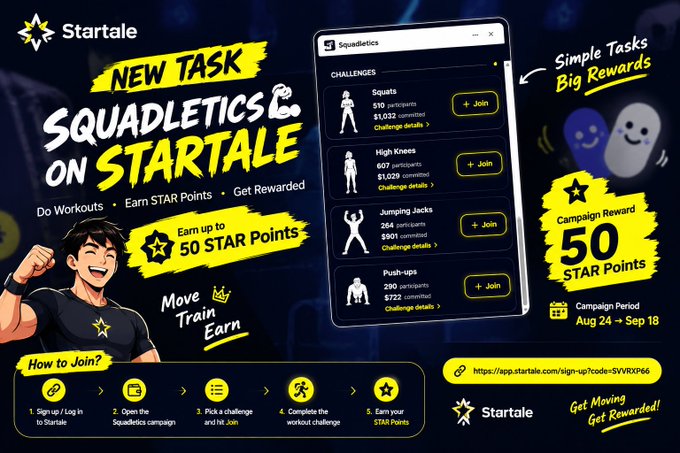 A promotional graphic for 'Squadletics on Startale' featuring a 'NEW TASK' campaign to earn up to 50 STAR Points through workouts like squats, high knees, jumping jacks, and push-ups, running from Aug 24 to Sep 18.