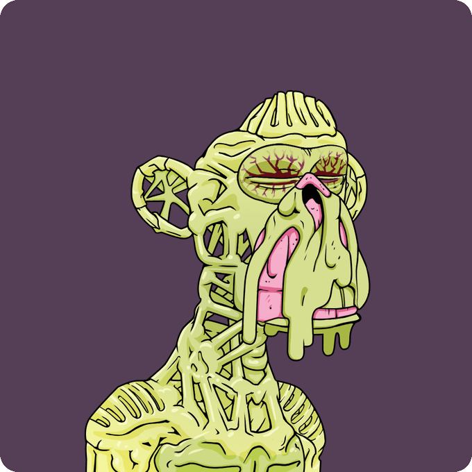 A stylized cartoon illustration of a melting, skeletal green figure with bulging red eyes and drooping features.
