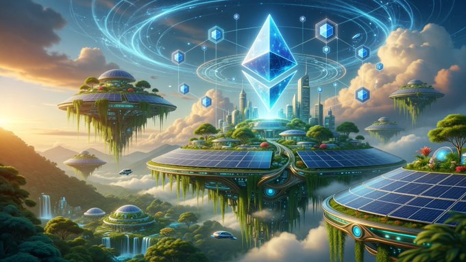 The image features a futuristic cityscape with floating islands, surrounded by clouds. The sky above the city has a blue hue, creating an otherworldly atmosphere. In the center of this scene, there's a large blue diamond-shaped structure that resembles a crystal or gemstone. This central object is surrounded by numerous smaller structures and islands throughout the image.

The post appears to be about Ethereum, a cryptocurrency platform, which has been described as "the last bastion of hope for cypherpunks x.com/pmarca/status". The image seems to be promoting or discussing this particular cryptocurrency in some way.