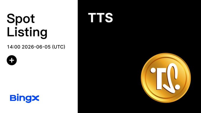 The image is a promotional graphic announcing the spot listing of TTS on BingX, scheduled for 14:00 UTC on 2026-06-05, featuring the BingX logo and a gold TTS coin. It ties into the post by highlighting the Timesoul (TTS) token listing while promoting the project's focus on mindfulness and calm amidst market pressure.