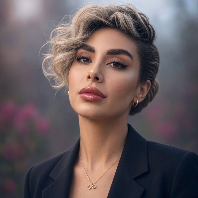Professional portrait of a woman with styled blonde curly hair updo, wearing a black blazer, small gold hoop earrings, and a delicate gold bow necklace, with a softly blurred floral background.