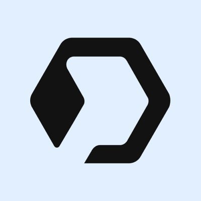 A minimalist logo featuring a black geometric shape resembling an arrow or hexagon on a light gray background.