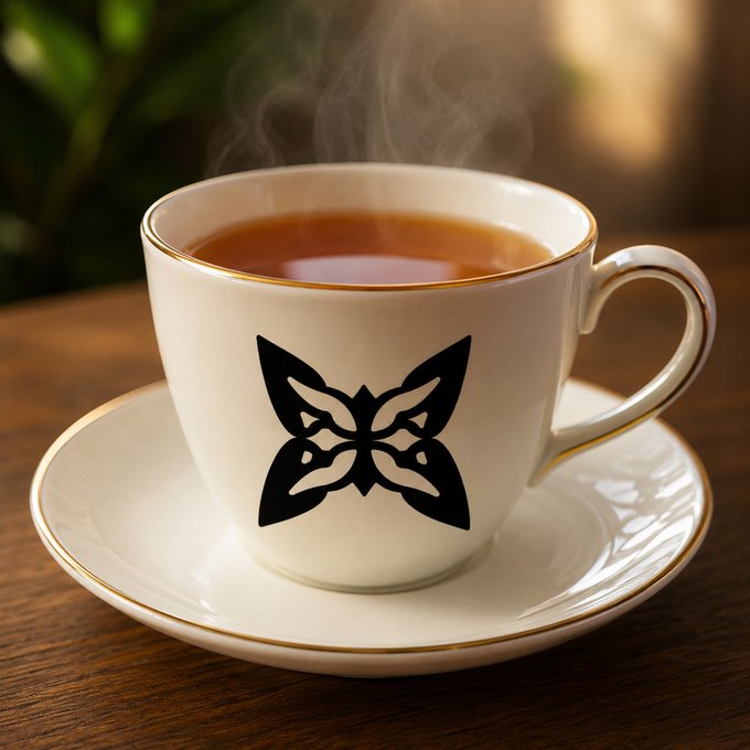 A white porcelain teacup and saucer with gold trim sits on a wooden table, filled with steaming tea and decorated with a black butterfly emblem.
