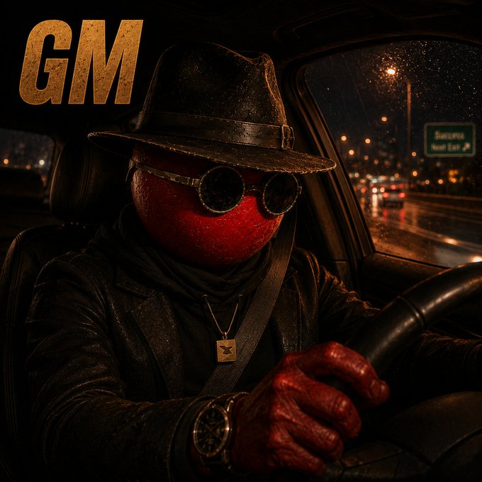 A mysterious red-skinned figure in a black fedora, round sunglasses, and leather jacket drives through a rainy nighttime city, gripping the steering wheel. The bold "GM" text in the corner ties to the post's "gm web3" greeting, capturing the sleek, enigmatic energy of starting a new week in the crypto space.