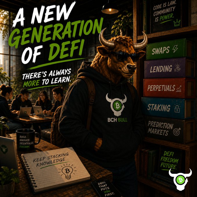 A promotional graphic titled 'A NEW GENERATION OF DEFI' featuring a bull character in sunglasses and a 'BCH BULL' hoodie, alongside books labeled 'SWAPS', 'LENDING', 'PERPETUALS', 'STAKING', and 'PREDICTION MARKETS'.