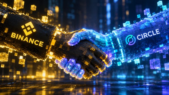 A digital art illustration depicts two pixelated hands shaking, with one arm labeled 'BINANCE' in gold and the other labeled 'CIRCLE' in blue.