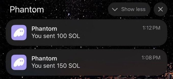 The image shows a smartphone notification panel displaying two Phantom wallet alerts: "You sent 100 SOL" at 1:12 PM and "You sent 150 SOL" at 1:08 PM, set against a starry night background. This visually demonstrates the post's call to action—showing SOL tokens being sent as surprise gifts to encourage others to share their wallet addresses for similar drops.