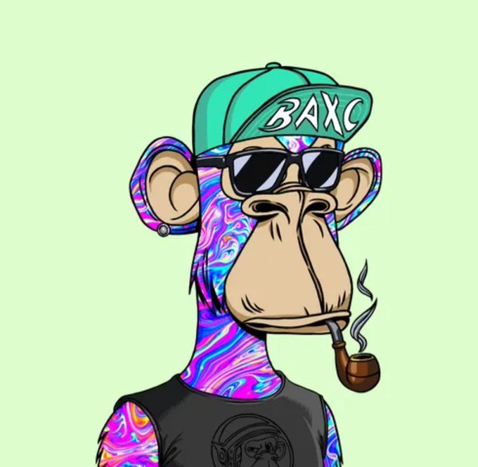 A cartoon illustration of a Bored Ape Yacht Club-style monkey wearing sunglasses, a green 'BAYC' cap, smoking a pipe, and a black tank top against a mint green background.