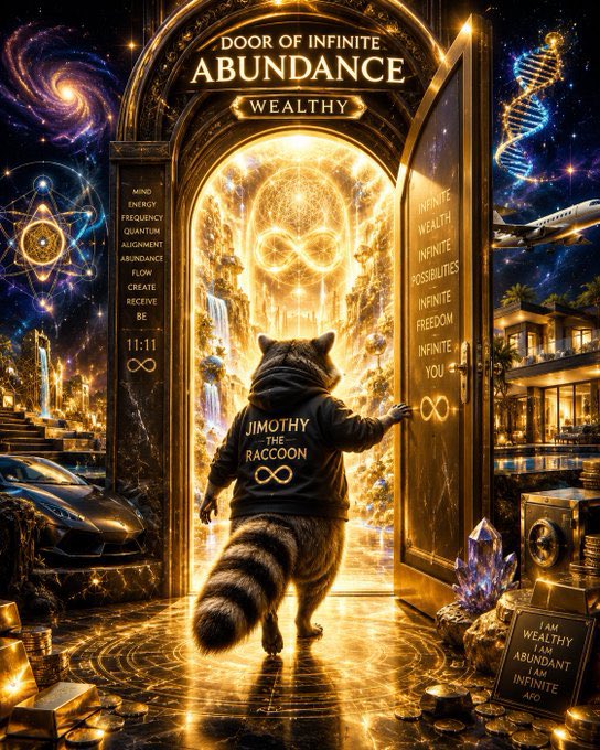 A raccoon wearing a "JIMOTHY THE RACCOON" hoodie opens a glowing golden "Door of Infinite Abundance Wealthy" leading to a cosmic realm of waterfalls, infinity symbols, and luxury items like a sports car and jet, with surrounding text including "Infinite Wealth," "Infinite Possibilities," "Infinite Freedom," "Infinite You," and "I Am Wealthy I Am Abundant I Am Infinite." The image visually represents the abundance-themed $JIMOTHY crypto token discussed in the post, which highlights the nearly 700 attendees at their recent $jimothy/$sol space.