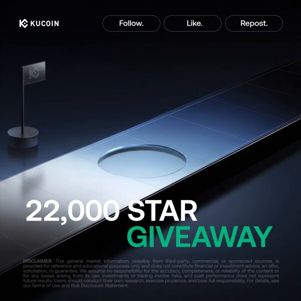 The image features a black background with white text that reads "22,000 Star Giveaway" at the top of the page. Below this, there are three bullet points providing information about the giveaway. The first point states that the giveaway is for a general market information, and the second one mentions that it is probably from a company called KuCoin.