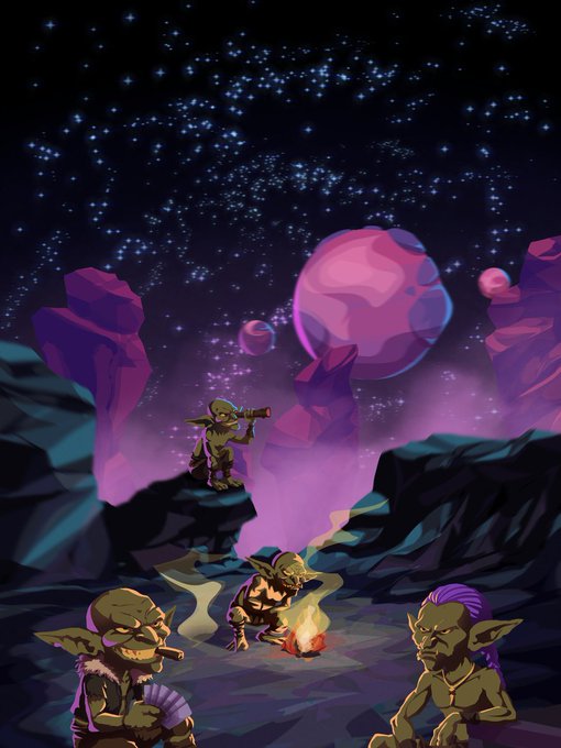 A band of goblins gathers around a small campfire in a surreal, star-filled alien landscape of jagged rocks and floating purple orbs. The post frames the approaching goblin horde as an “access key” requiring strength, with the website **goblinverse.xyz**.