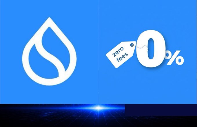 Bright blue graphic with a white water droplet logo and a "0%" with a "zero fees" price tag icon.