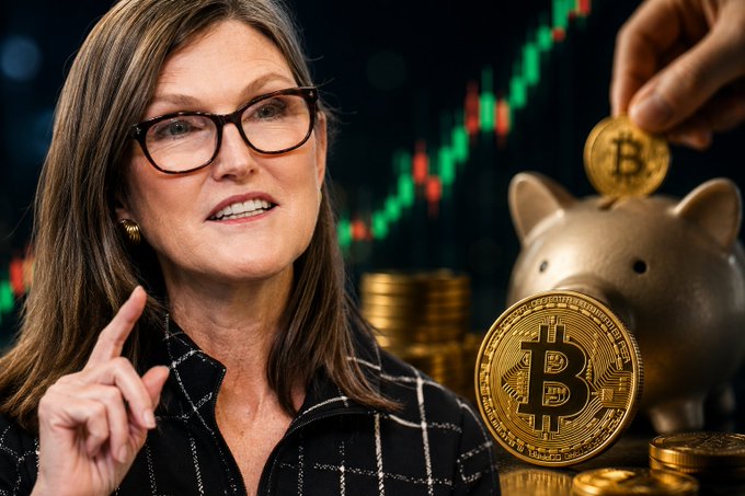 A promotional image featuring Cathie Wood (ARK Invest) pointing upward, set against a backdrop of rising stock charts, with Bitcoin coins and a piggy bank prominently displayed.