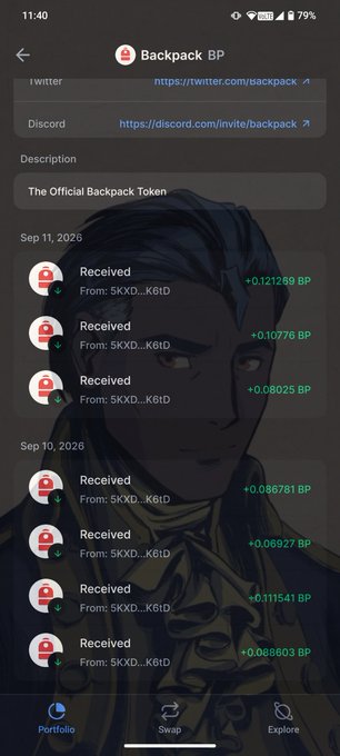 A mobile app screenshot of the Backpack BP cryptocurrency token showing received token transactions on September 10-11, 2026.