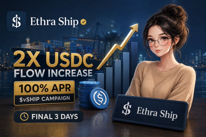 An advertisement for 'Ethra Ship' promoting a '2X USDC FLOW INCREASE' with '100% APR' on the $vSHIP CAMPAIGN, noting 'FINAL 3 DAYS' with an illustrated woman and rising chart.