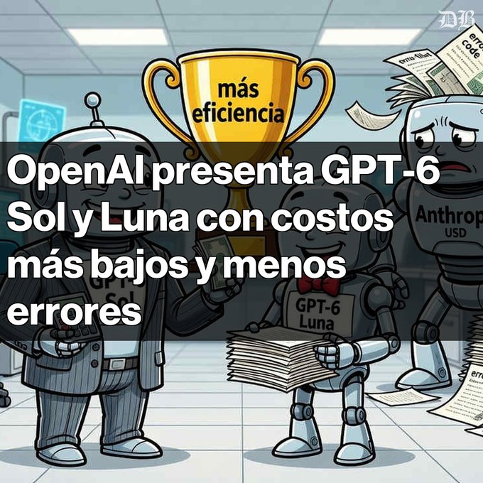 An AI-generated cartoon illustration depicting robots labeled "GPT-6 Sol," "GPT-6 Luna," and "Anthrop USD" competing, with overlaid Spanish text reading "OpenAI presenta GPT-6 Sol y Luna con costos más bajos y menos errores."